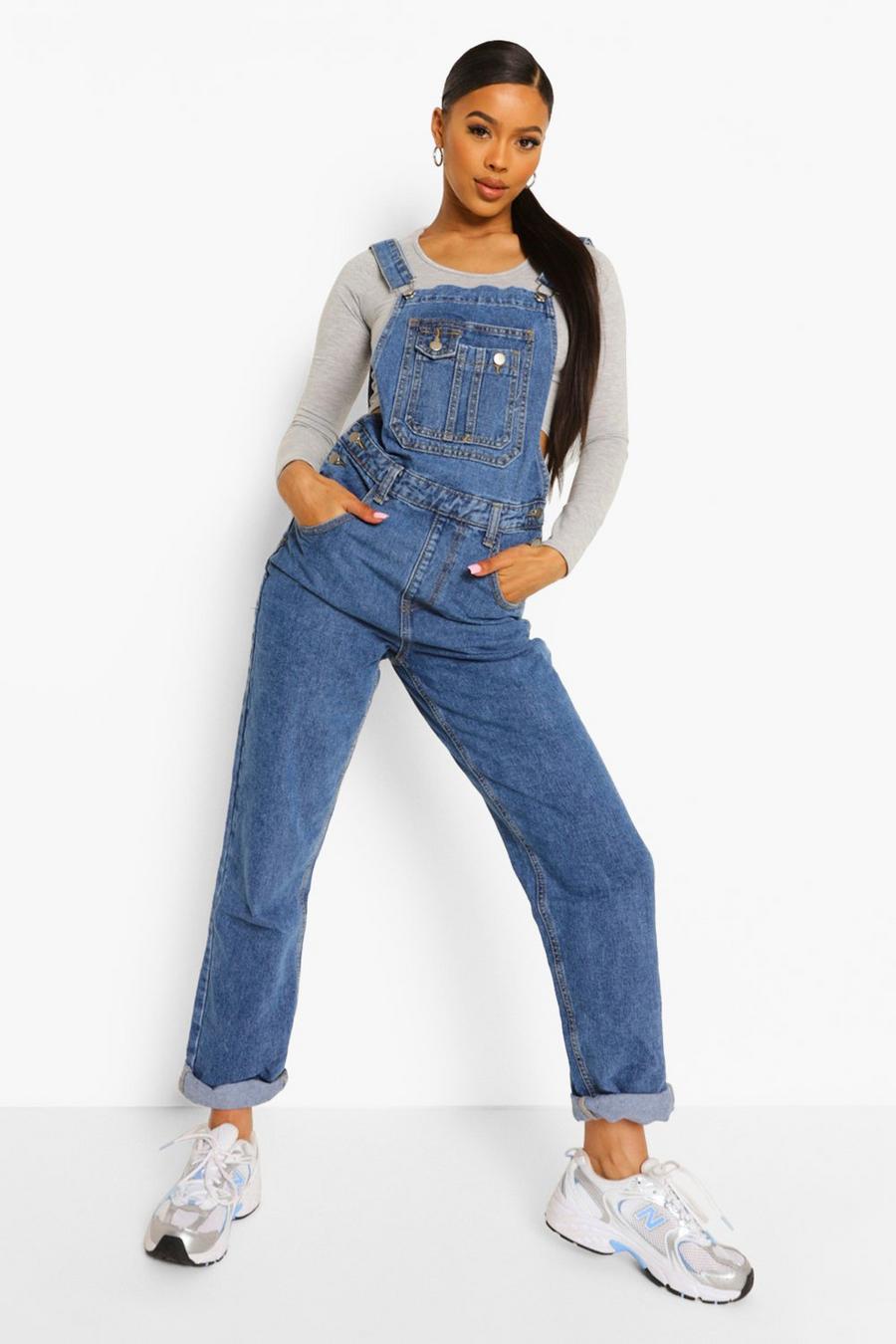 Mid blue Roll Up Hem Relaxed Straight Leg Dungaree image number 1