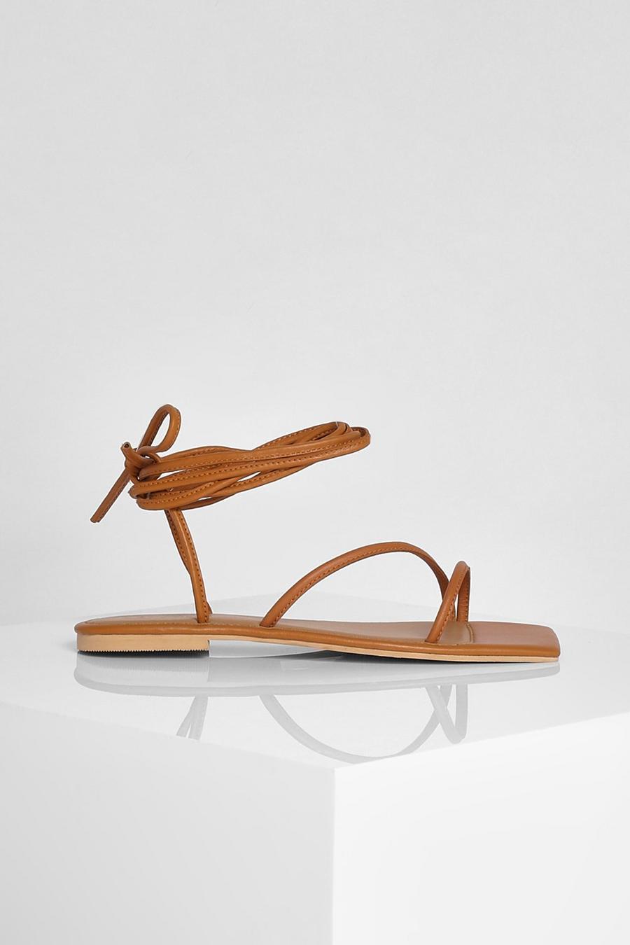 Tan Leather Square Toe Wrap Up Sandals image number 1
