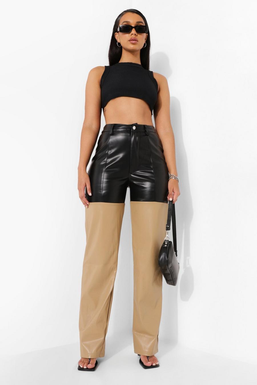 Black Colour Block Leather Look Pants image number 1