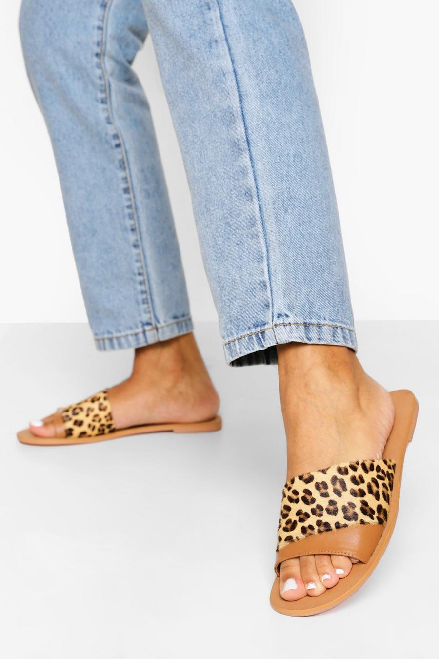 Sandalias de cuero con paneles contrastados, Leopardo multi