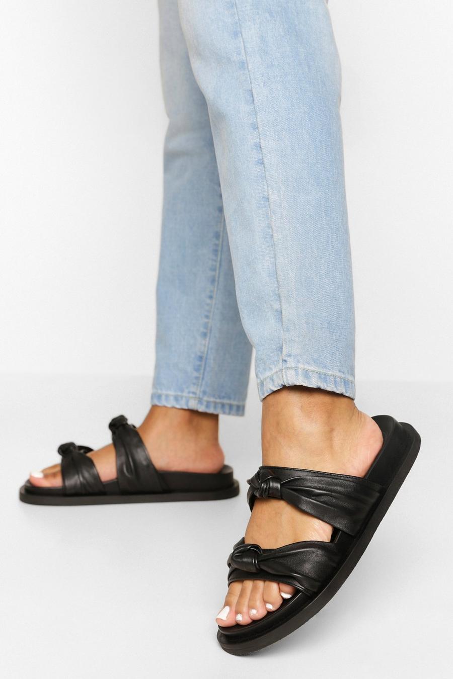 Black Wide Fit Leather Knot Detail Footbed Sandal image number 1