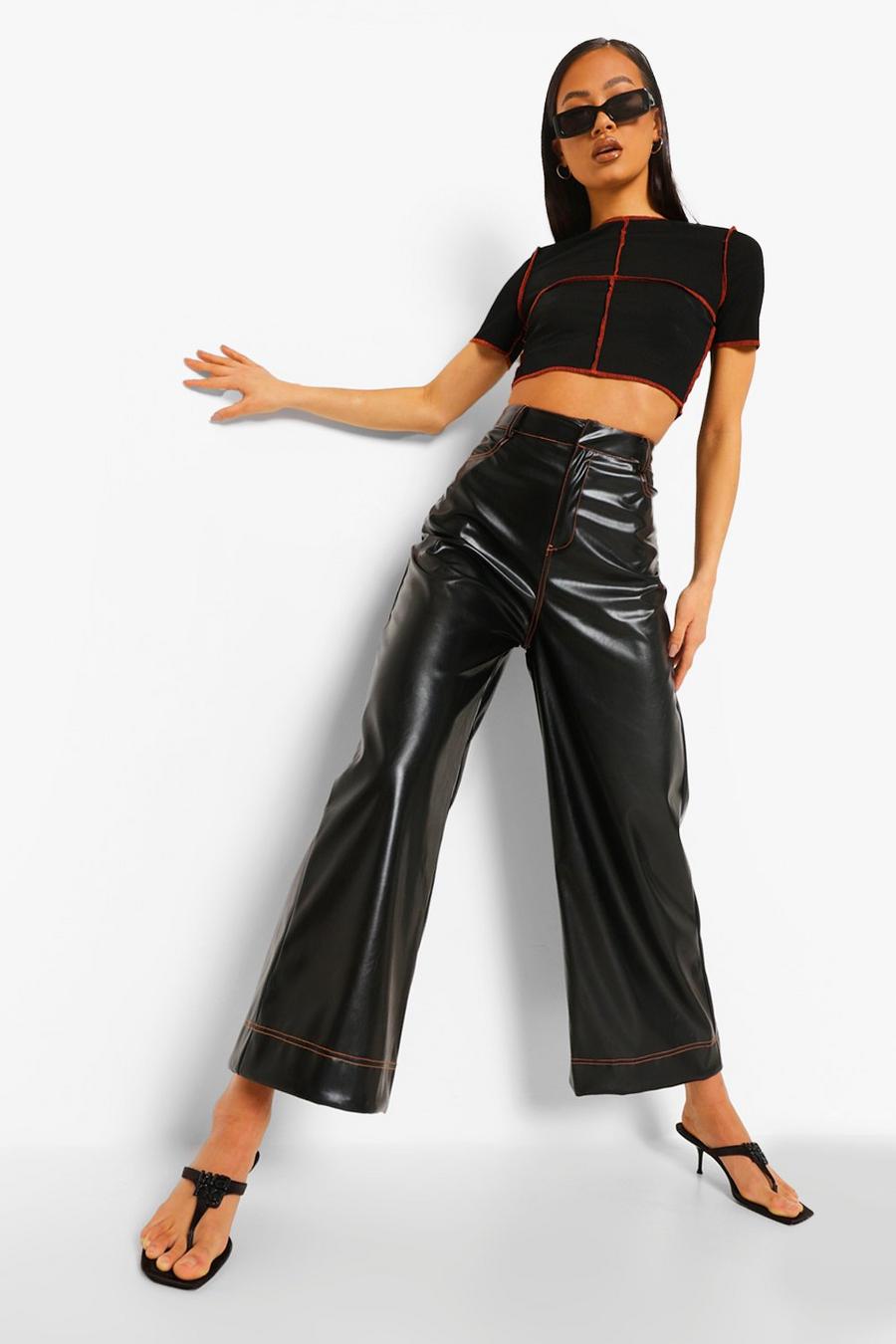 Orange Contrast Stitch Leather Look Trouser image number 1