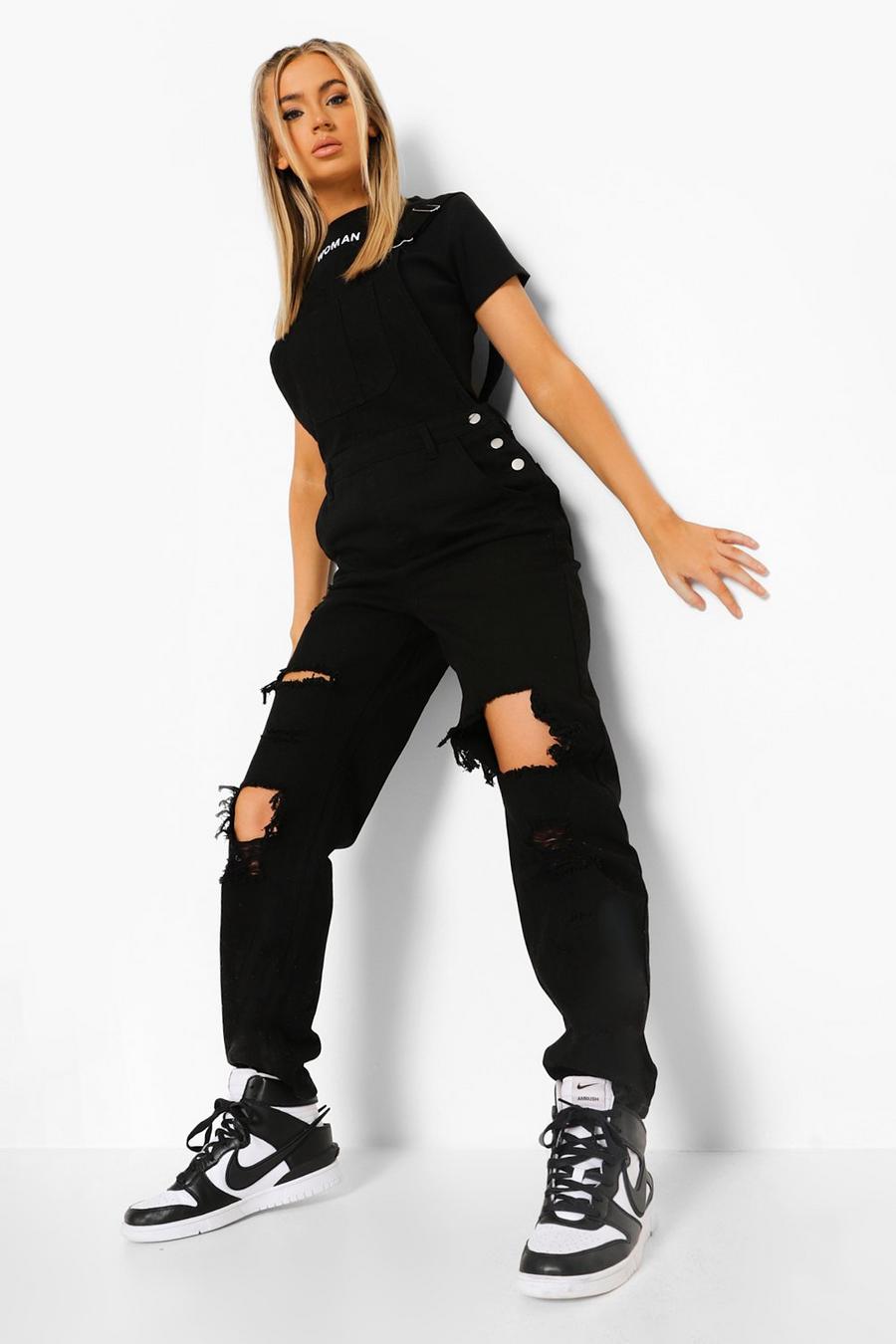 Black Washed Distressed Straight Leg Dungarees image number 1