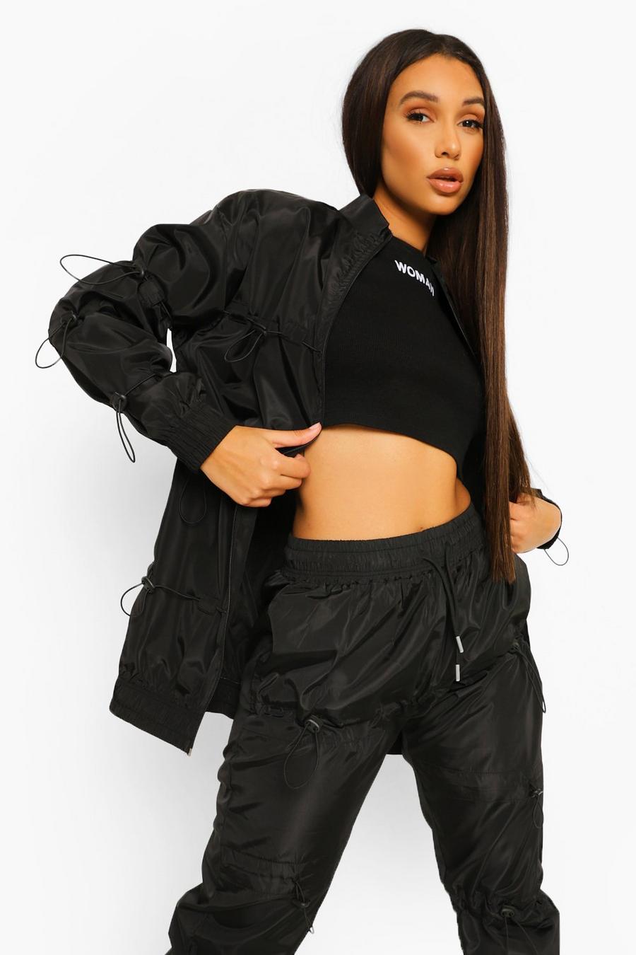 Black Bungy Cord Detail Bomber Jacket image number 1