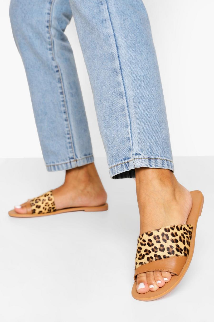Sandalias de holgura ancha de ante con diseño de panel , Leopardo multicolor