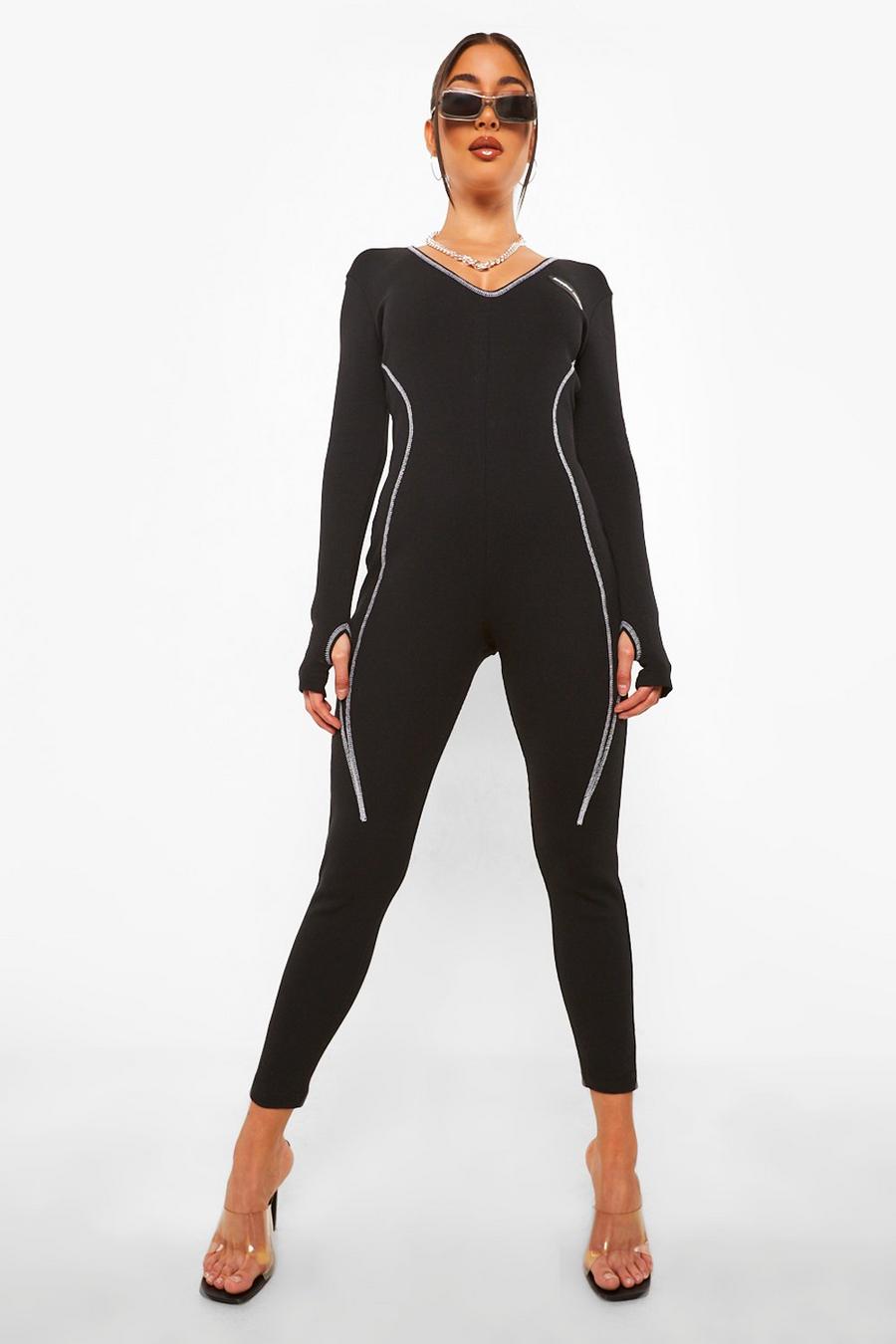 Black Fitted Contrast Stitch Jumpsuit image number 1