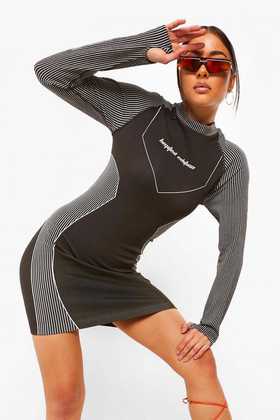 Black Seamless High Neck Mini Dress With Branding image number 1