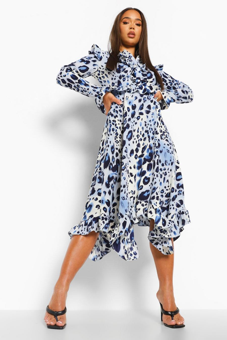 Blue Leopard Print Ruffle Midi Dress image number 1
