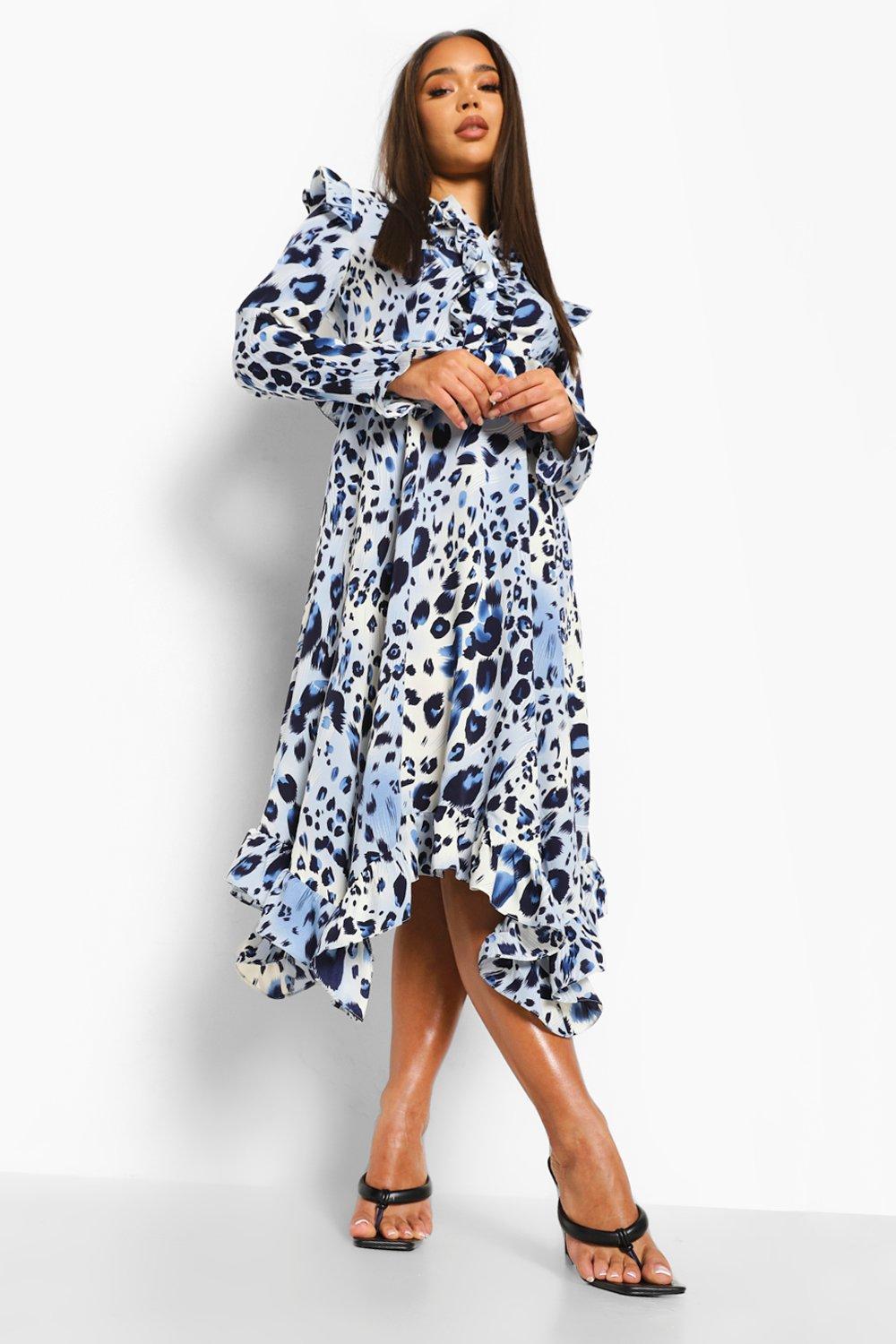 Leopard Print Ruffle Midi Dress boohoo IE