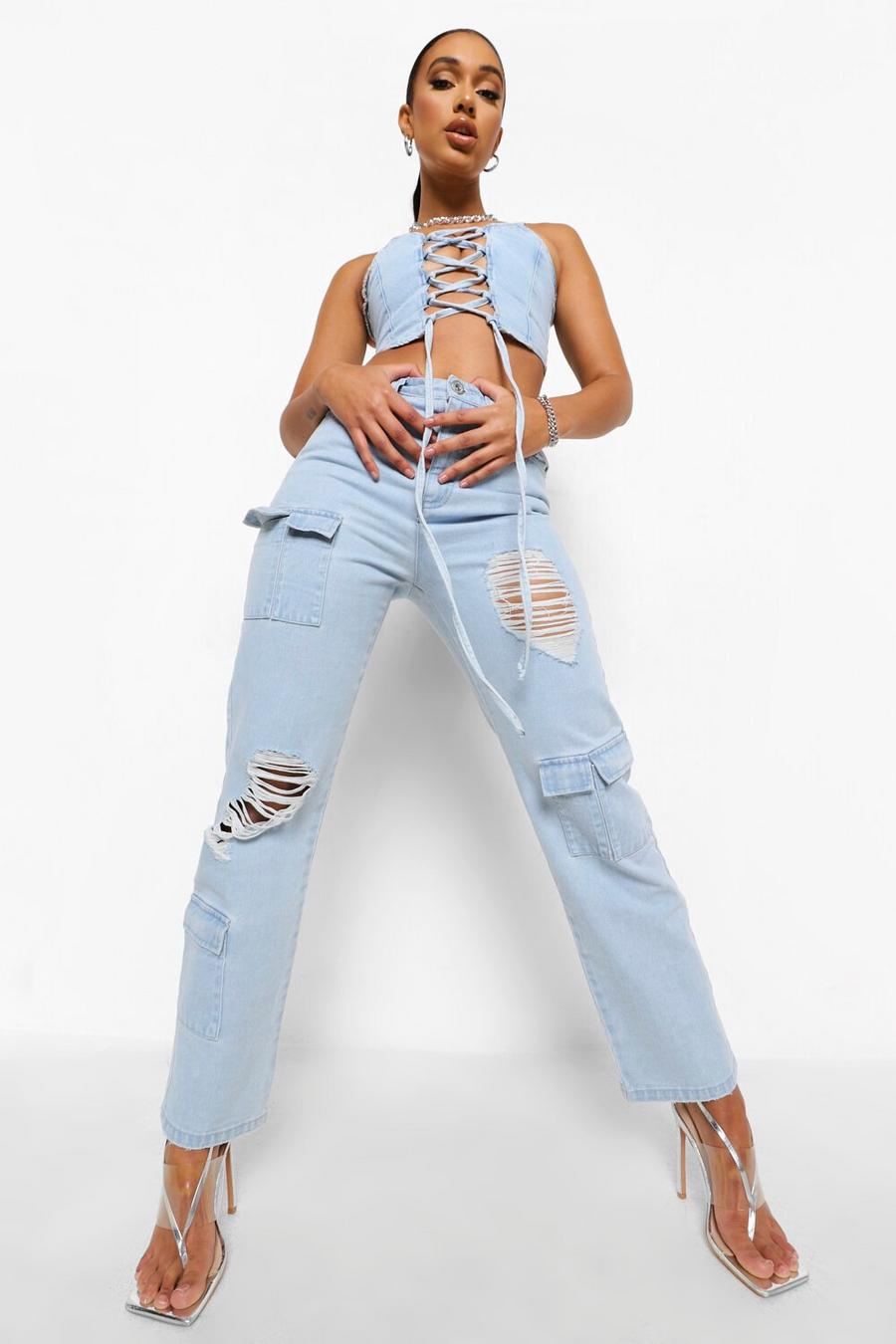 משופשף ג'ינס High Waist עם מכפלת וכיס בסגנון שימושי image number 1