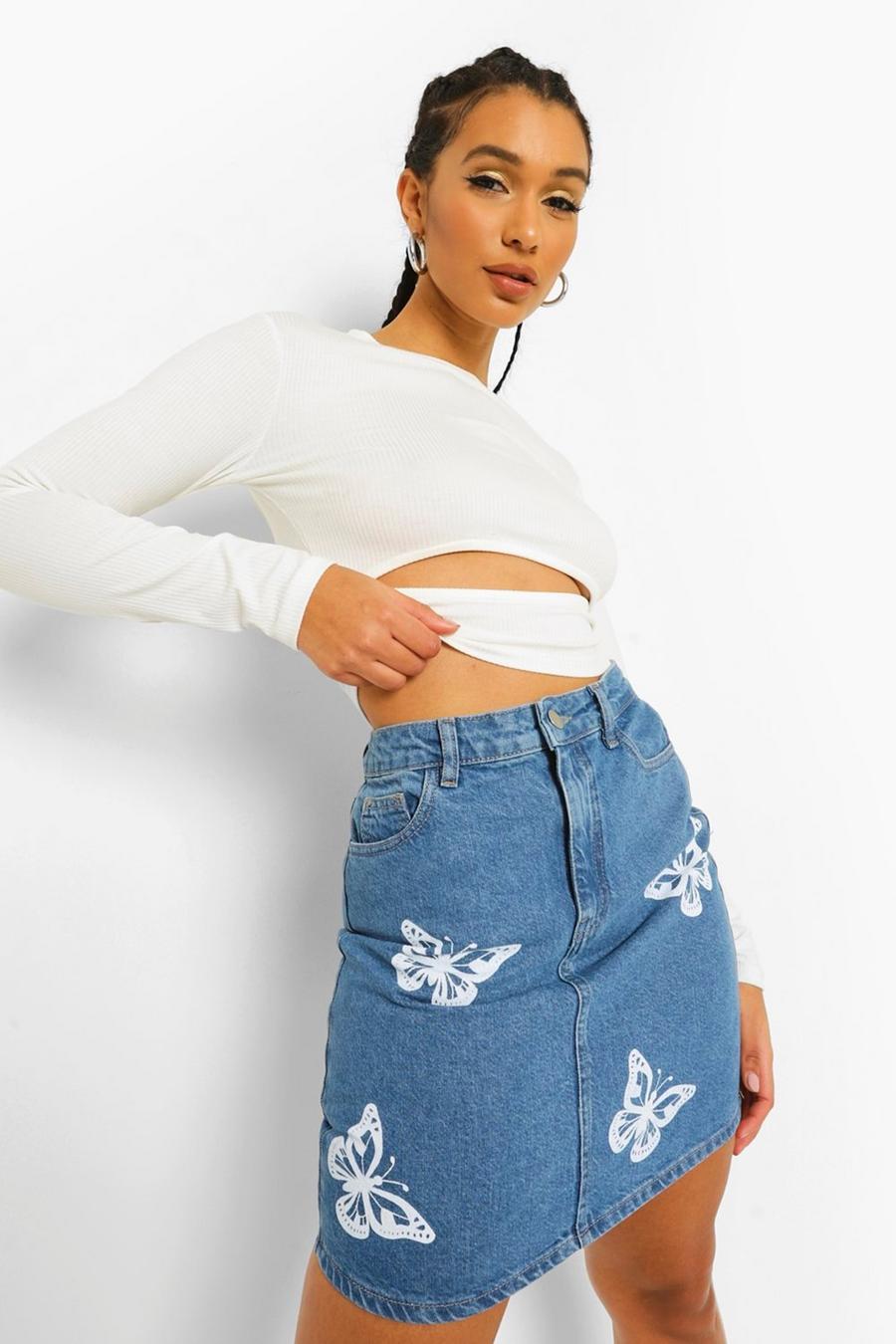 Mid blue Butterfly Print Denim Skirt image number 1