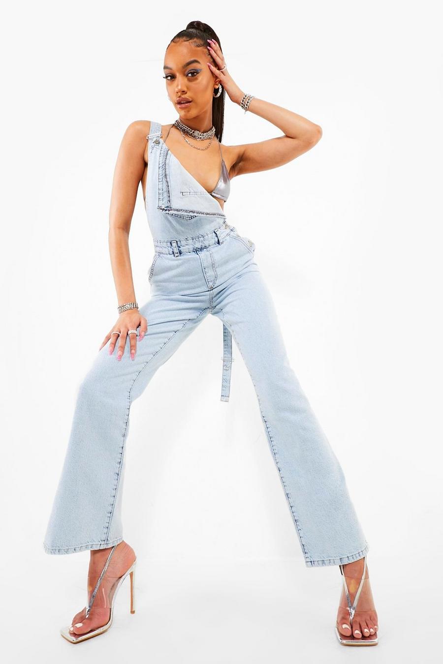 Ice blue Washed Split Hem Dungarees image number 1