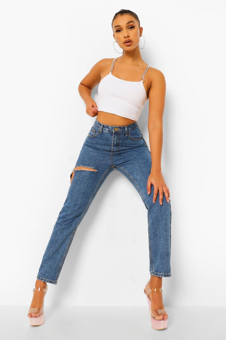 Vintage blue Mom jeans i rigid denim med hög midja image number 1