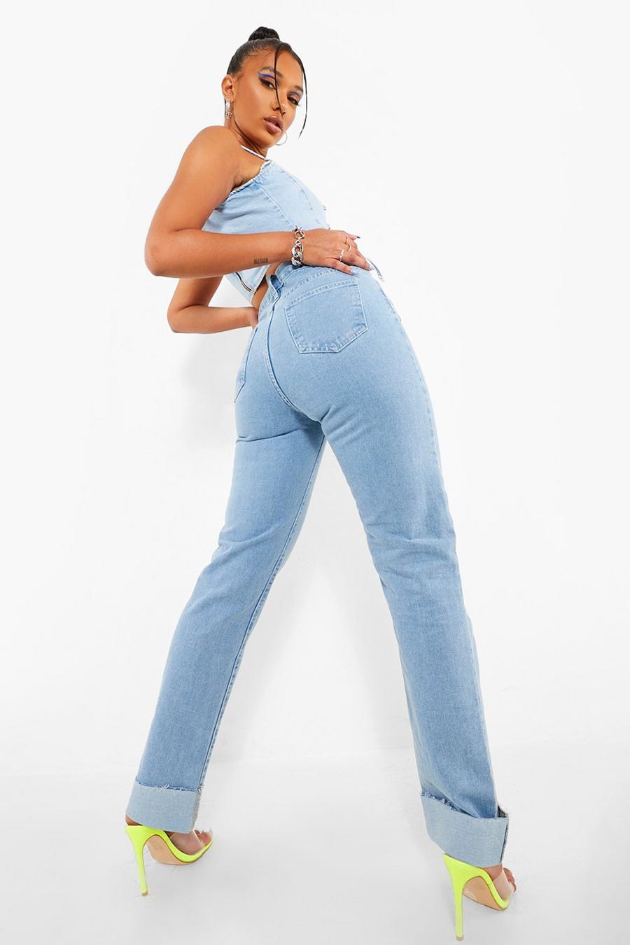 כחול בהיר ג'ינס בגזרה ישרה עם מכפלת מקופלת וגימור פרום  image number 1