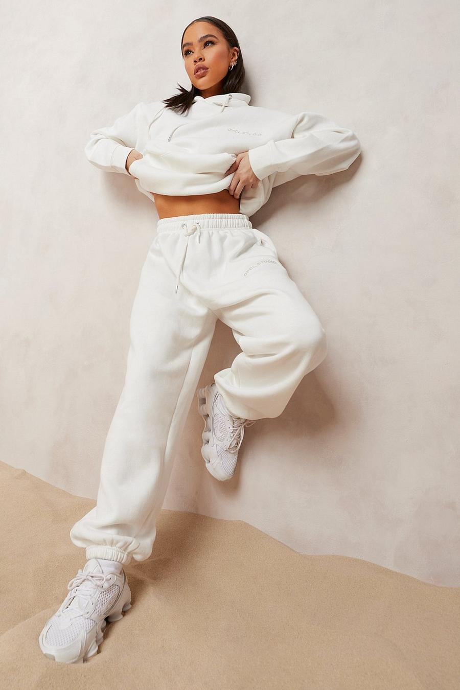 Ecru white Oversized  Embroidered Hooded Tracksuit