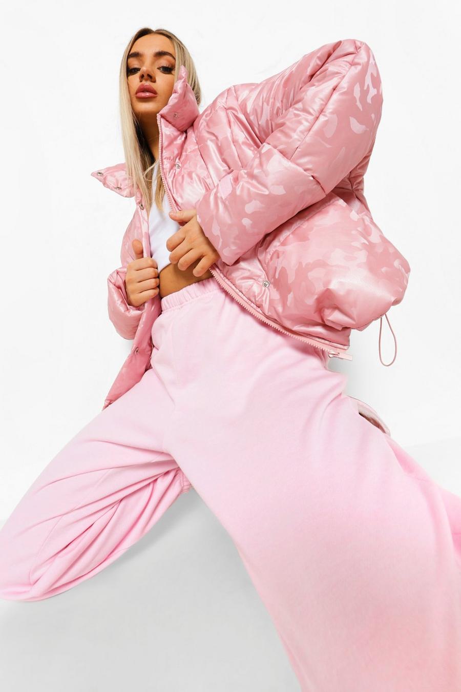 Pink Reflective Camo Funnel Neck Puffer Jacket image number 1