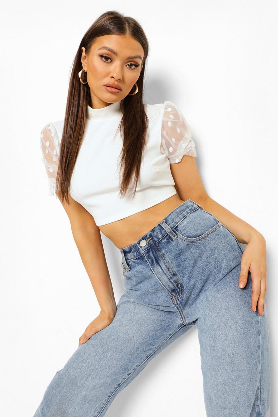 Ivory Dobby Mesh High Neck Crop Top image number 1