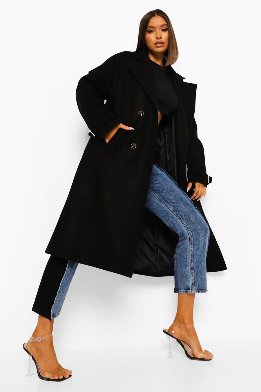Black Oversized Shoulder Detail Wool Look Coat image number 1