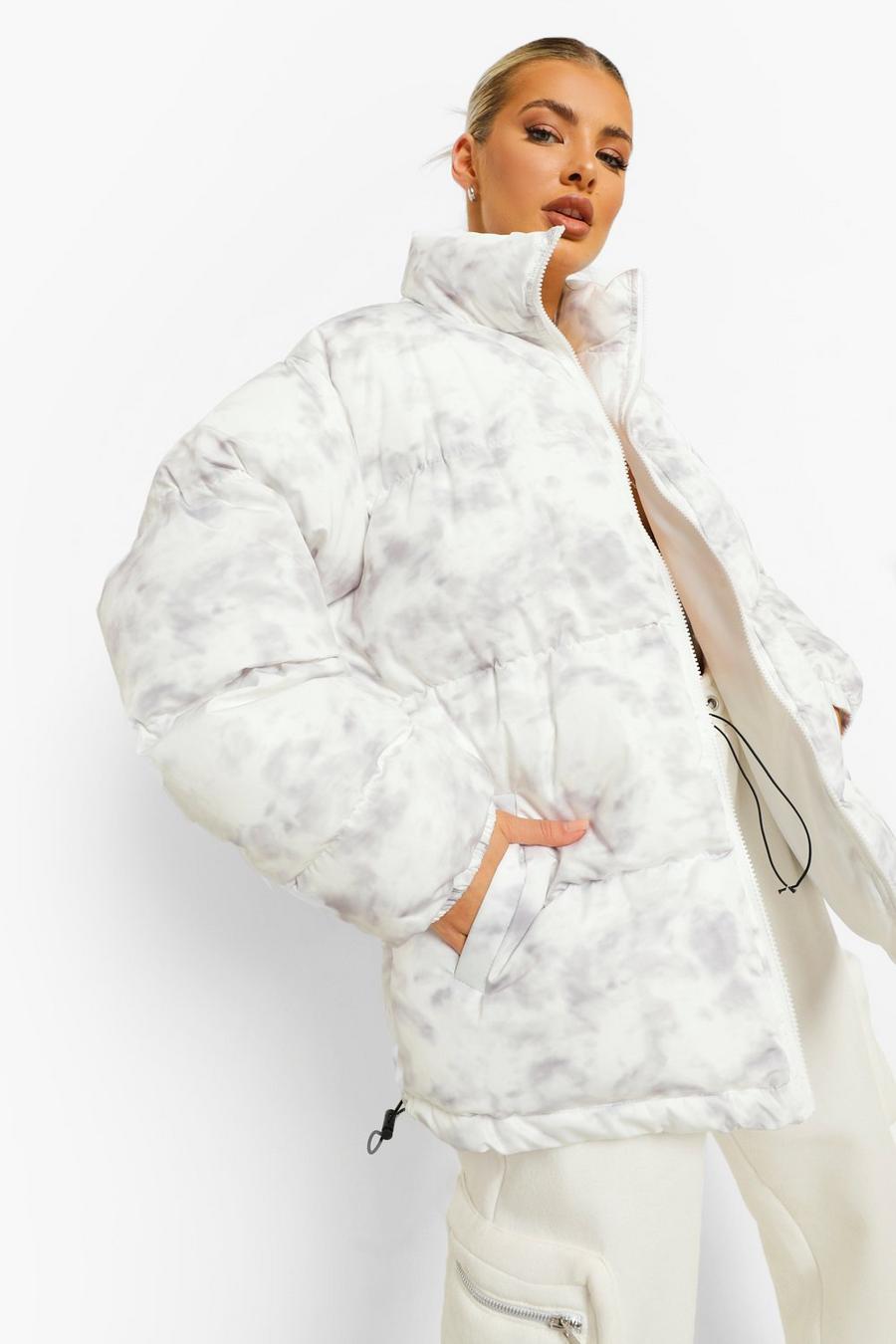 Puffer Jacke in Übergröße mit Marmor-Print, Weiß image number 1