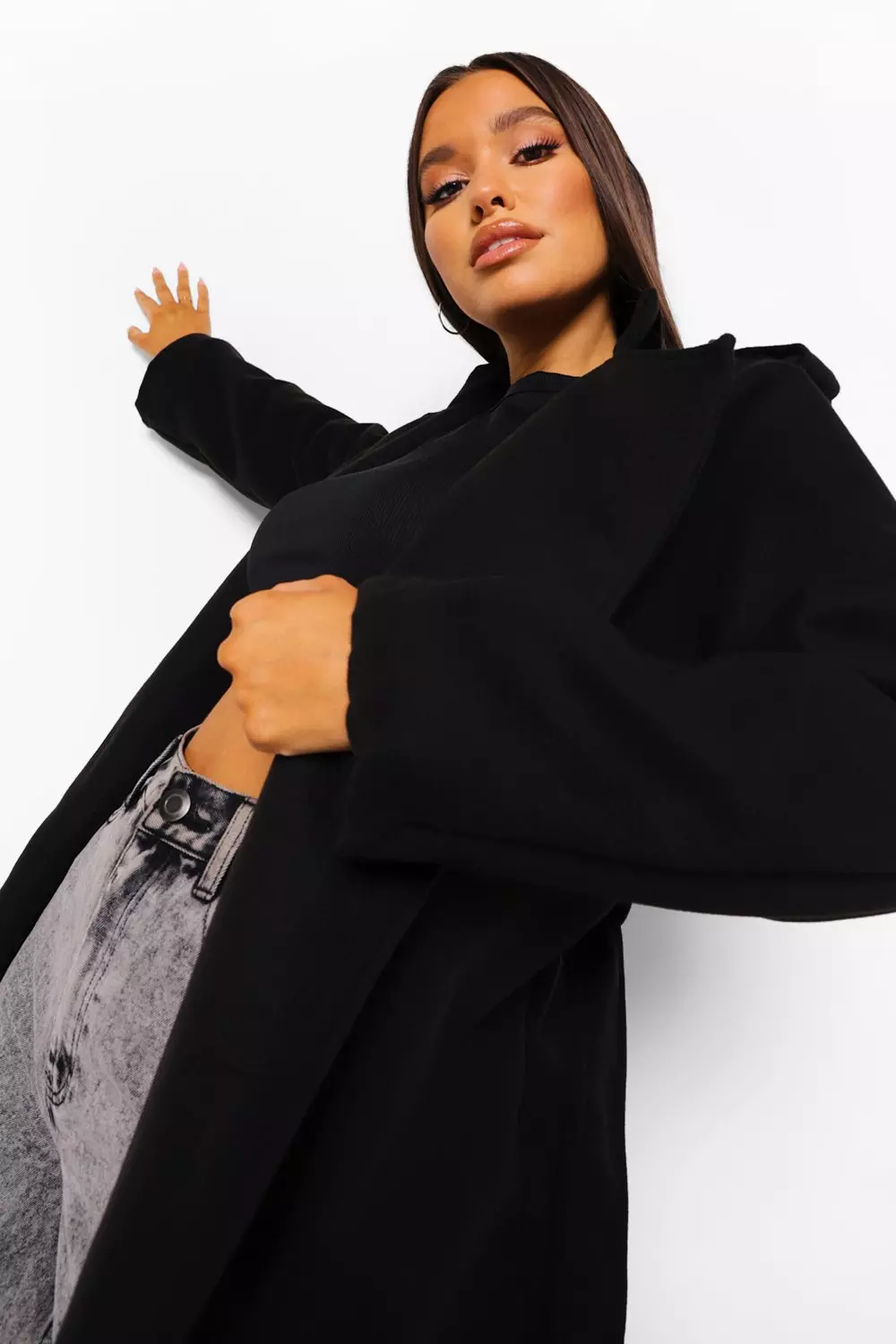 Boohoo belted wool look trench coat in outlet black