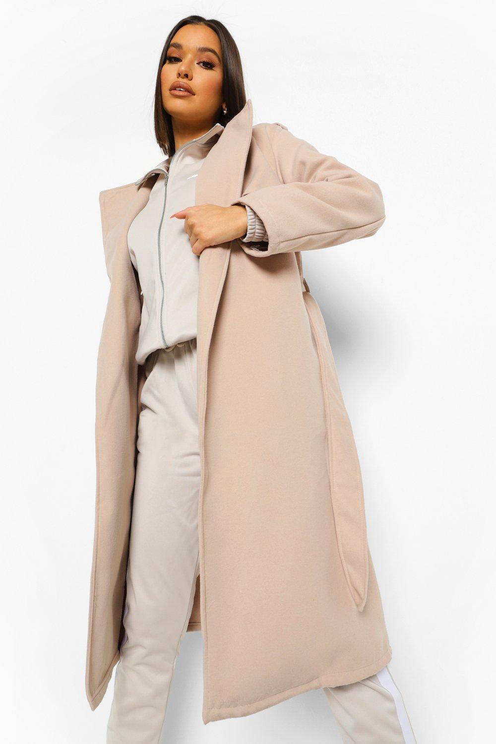 boohoo belted wool look trench