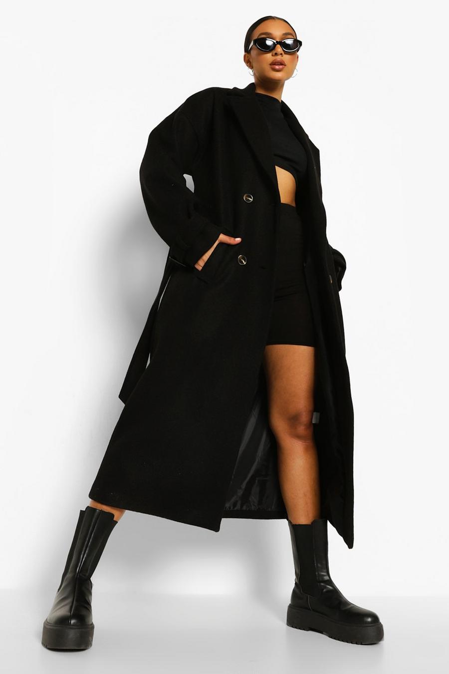Black Wool Look Belted Cuff Detail Trench Coat image number 1