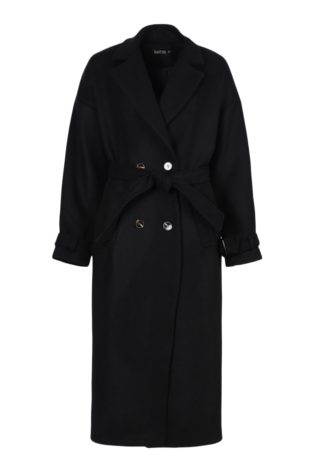 Boohoo belted wool look trench coat in black sale