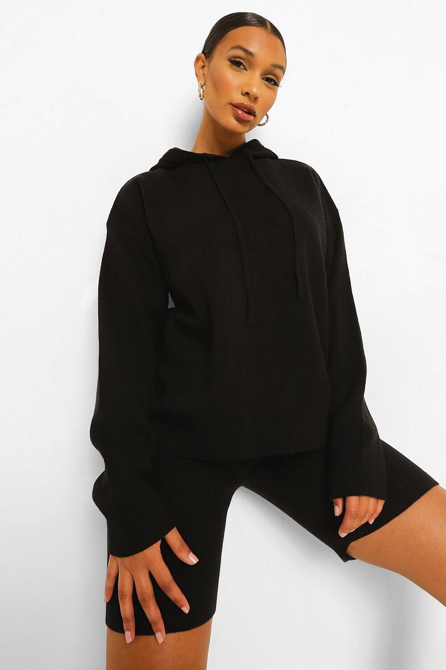 Black Knitted Hoody Shorts Co-ord image number 1