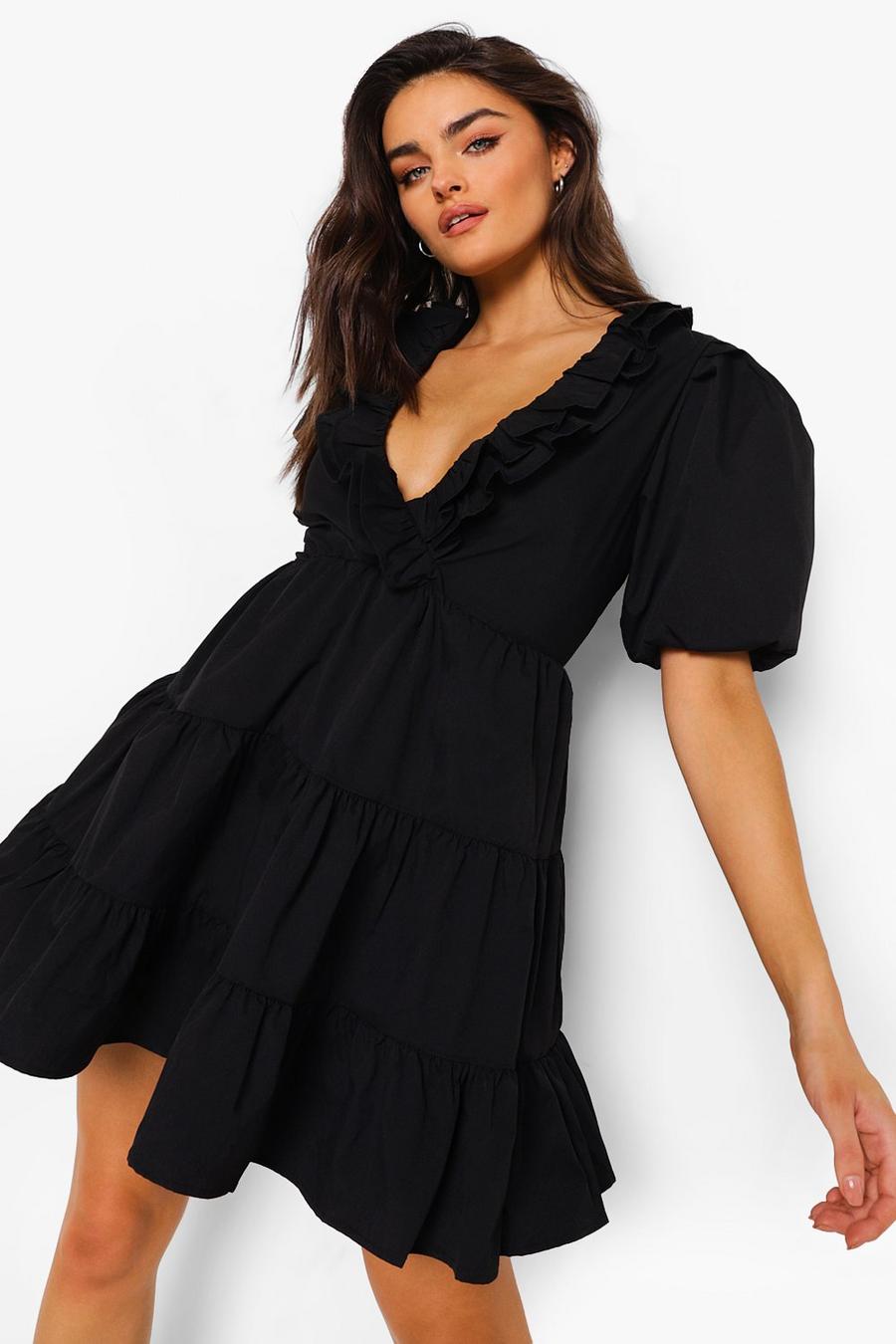 Black Ruffle Puff Sleeve Tiered Skater Dress image number 1