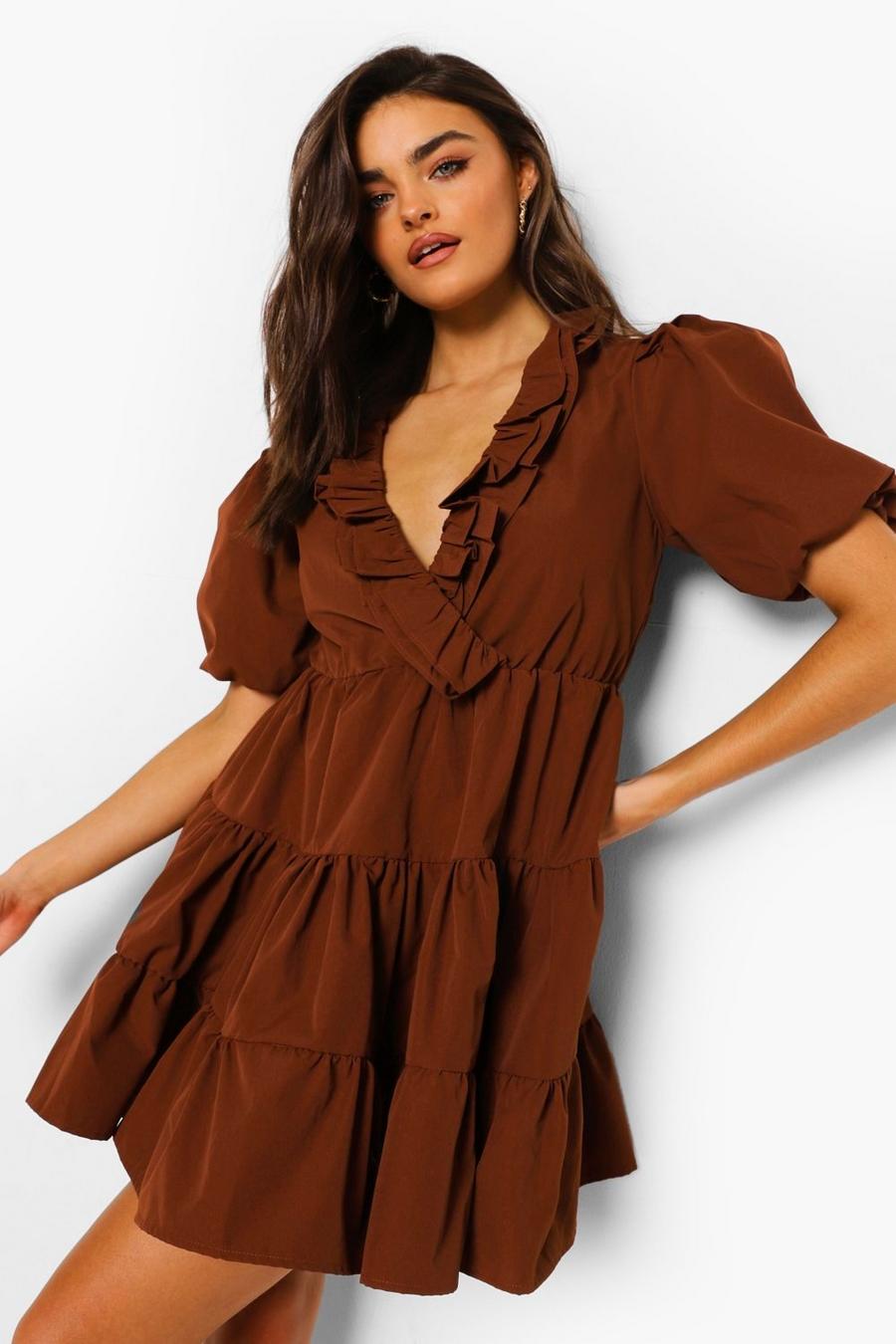 Rust Ruffle Puff Sleeve Tiered Skater Dress image number 1