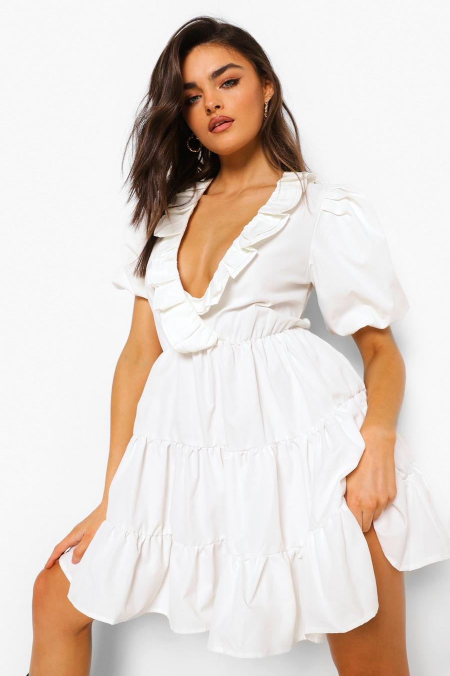 White Ruffle Puff Sleeve Tiered Skater Dress image number 1