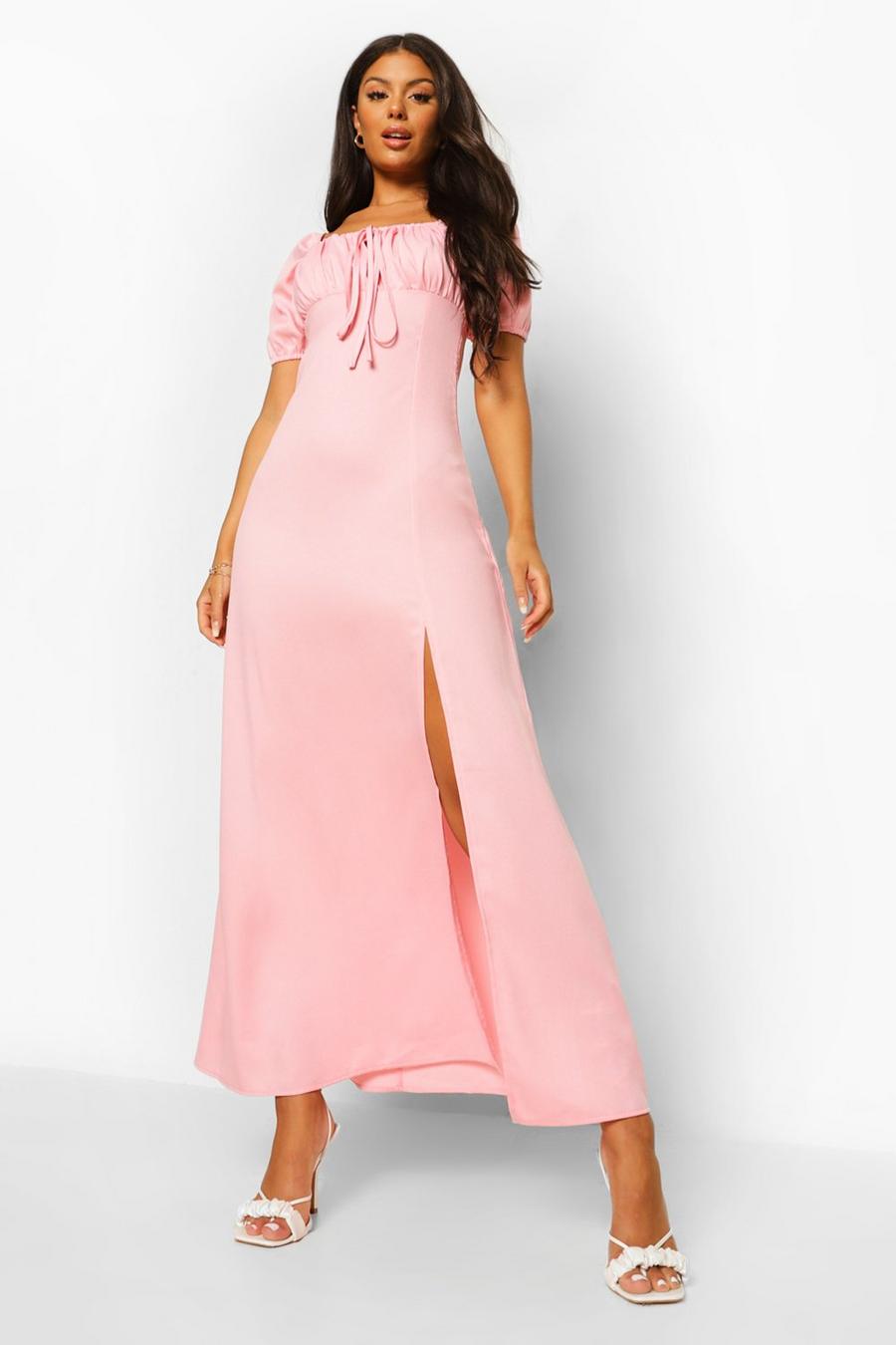 Maxi-Kleid mit Karree-Ausschnitt und Seitenschlitz, Blassrosa image number 1