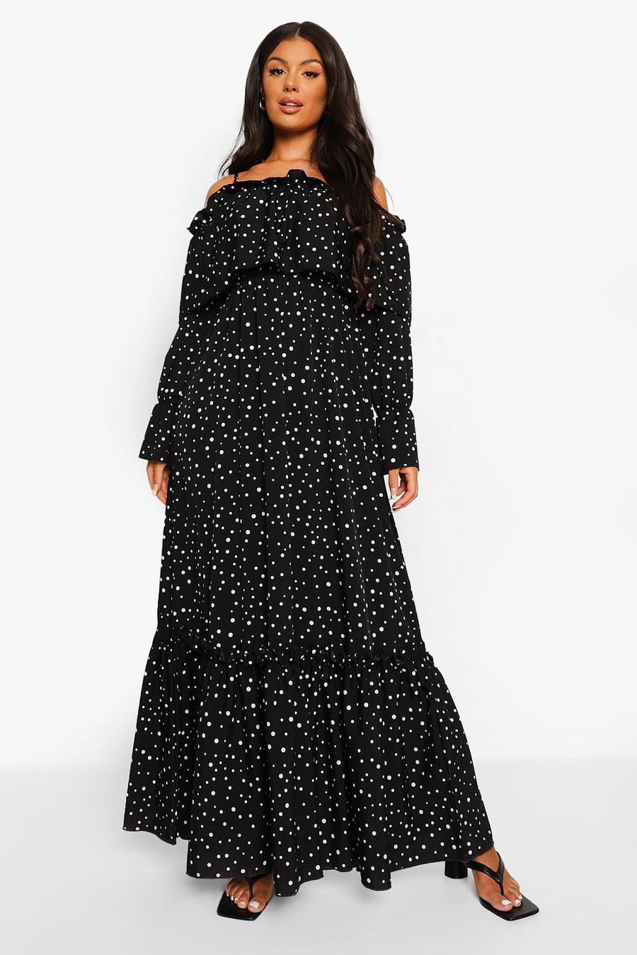 Black Polka Dot Cold Shoulder Ruffle Maxi Dress image number 1