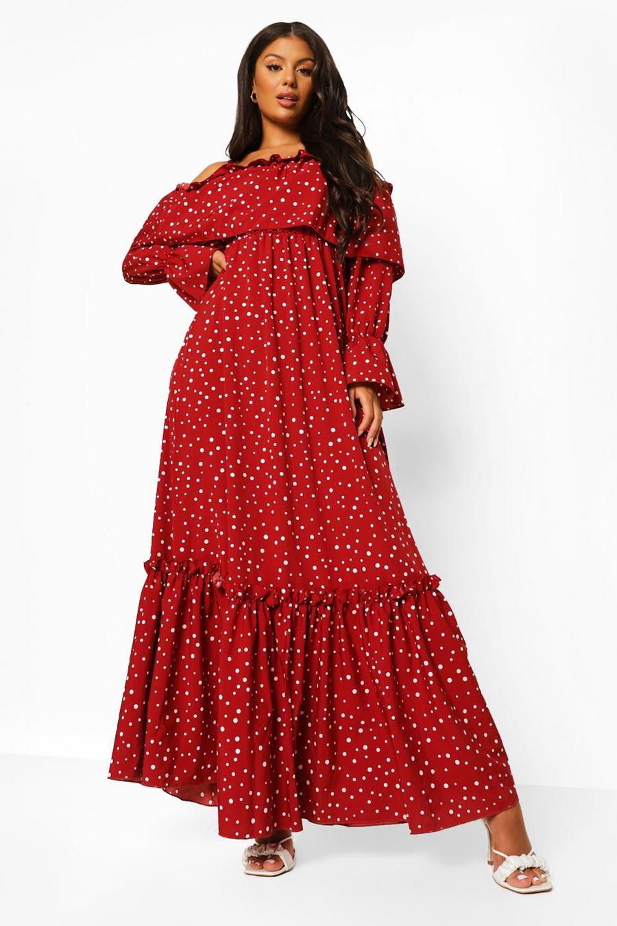 Red röd Polka Dot Cold Shoulder Ruffle Maxi Dress