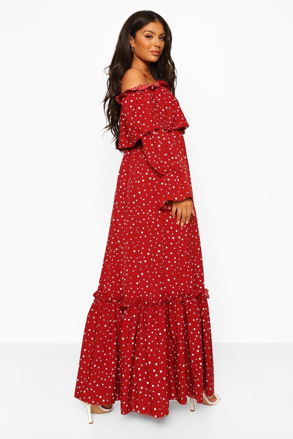 Polka Dot Cold Shoulder Ruffle Maxi Dress boohoo IL