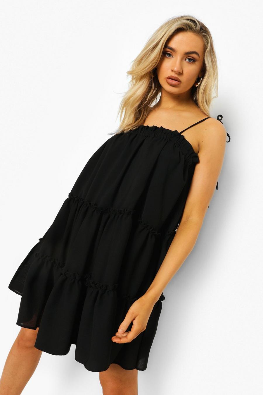 Black Strappy Ruffle Tiered Smock Dress image number 1