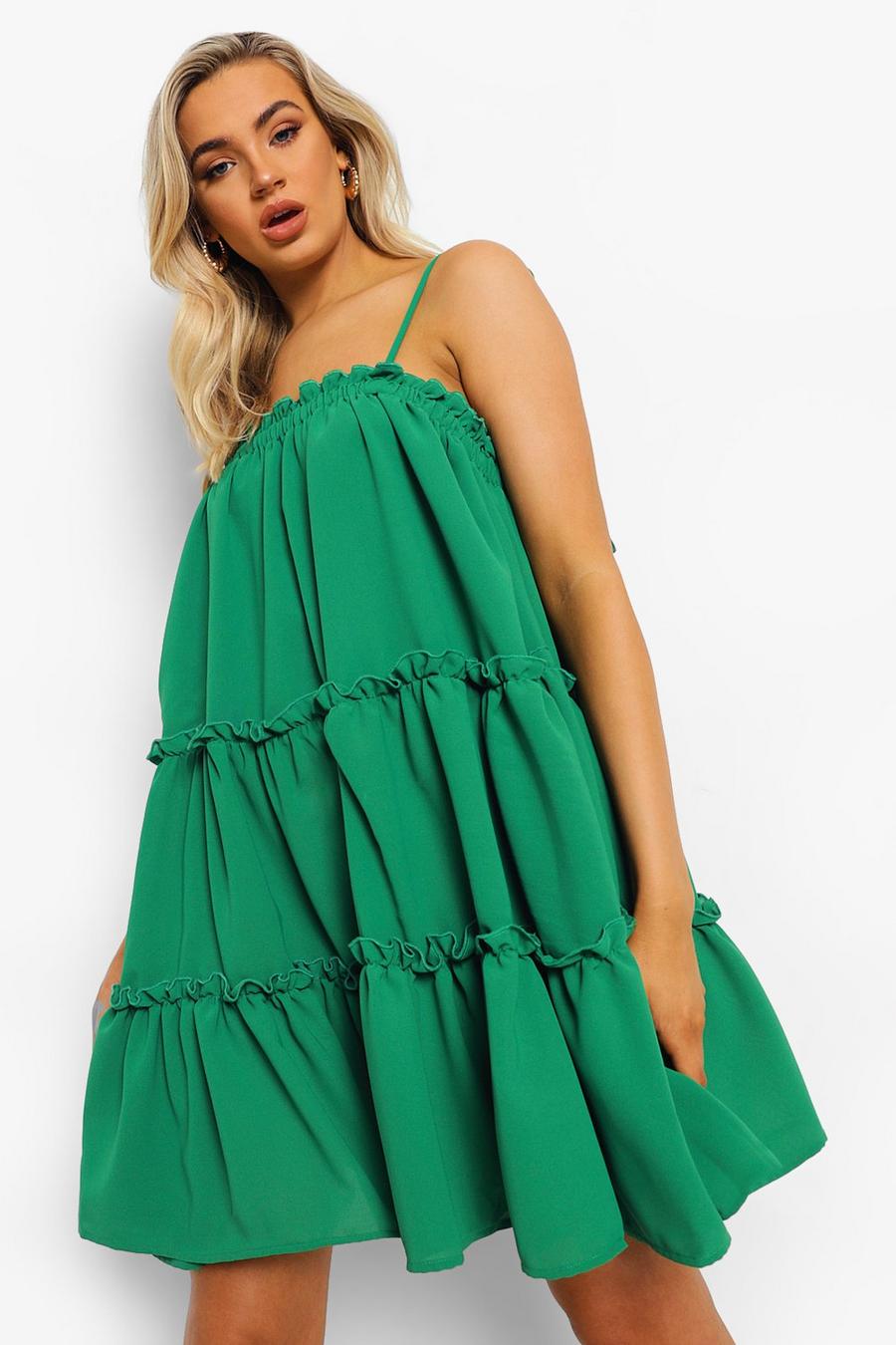 Green Strappy Ruffle Tiered Smock Dress image number 1