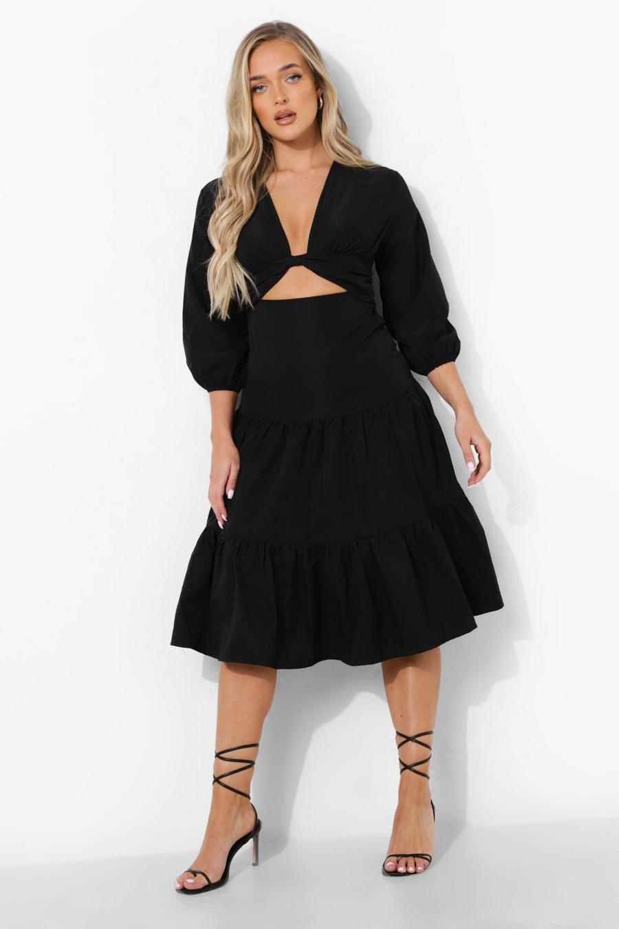 Black Cut Out Tiered Midi Smock Dress image number 1