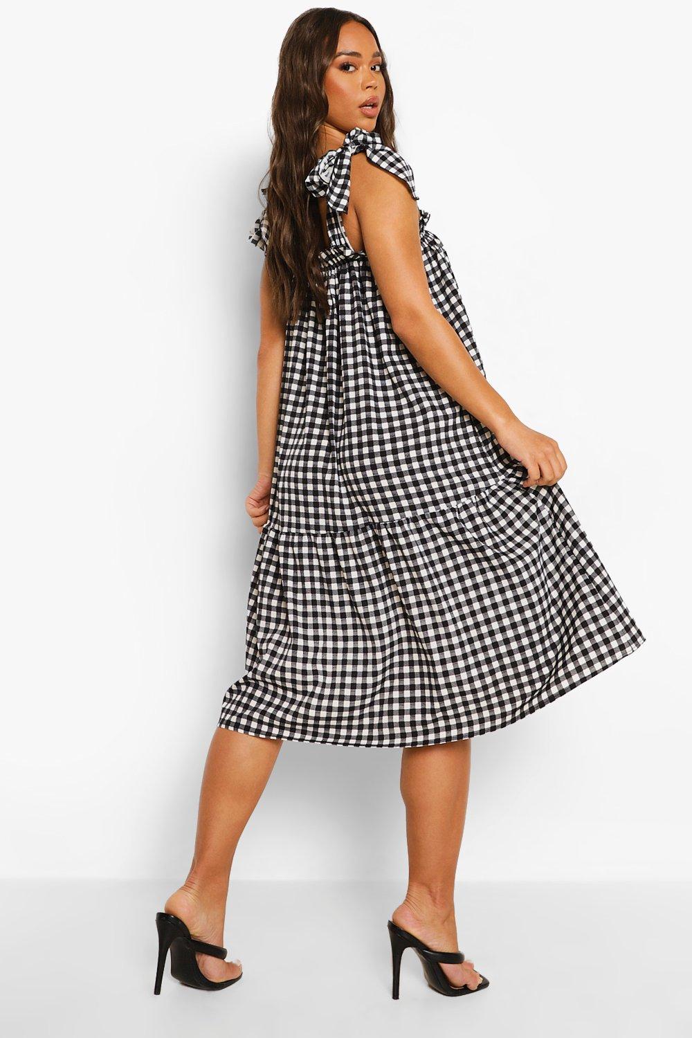 低価格で大人気の Gingham USA boohoo | Dress Smock Midi Strappy Detail Tie 洋書