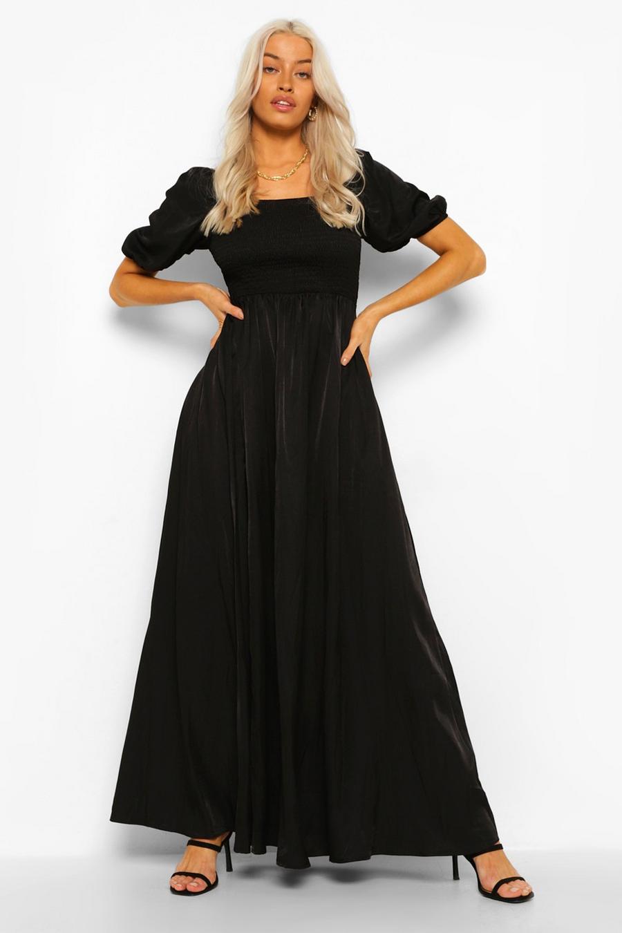 Black Shirred Detail 3/4 Sleeve Maxi Dress image number 1