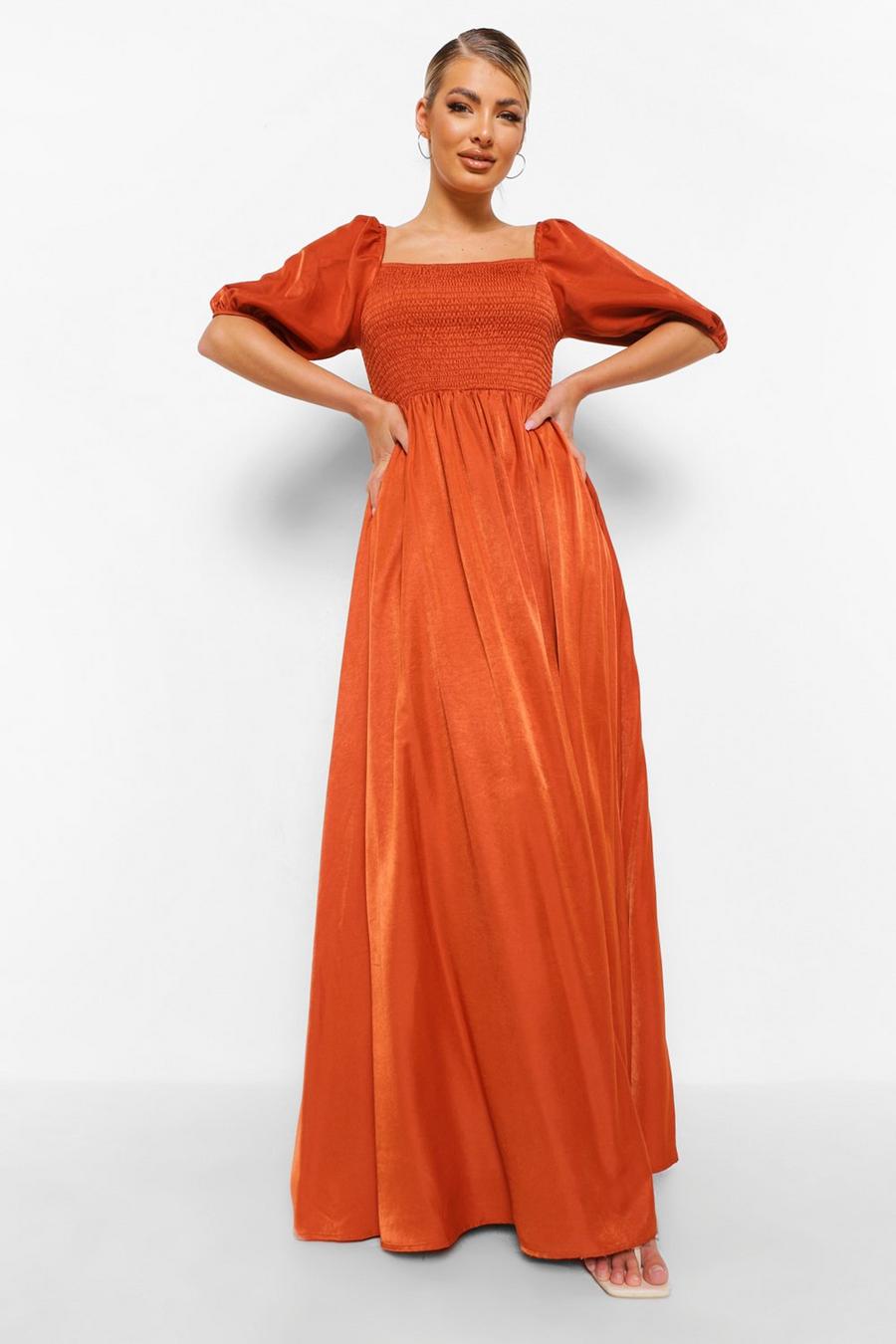 Rust orange Shirred Detail 3/4 Sleeve Maxi Dress image number 1
