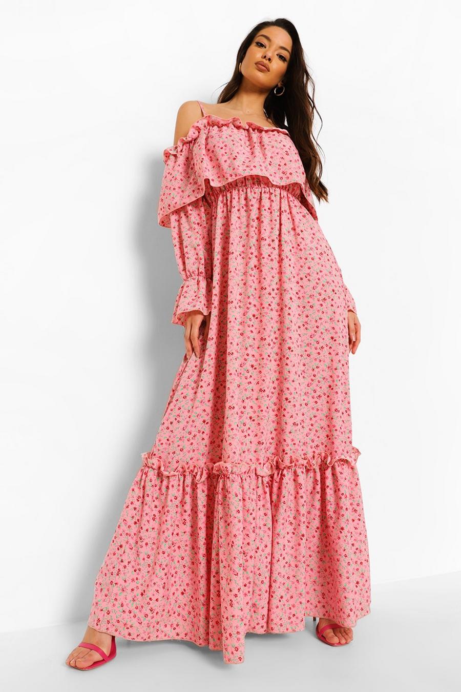 Pink Ruffle Cold Shoulder Maxi Dress image number 1