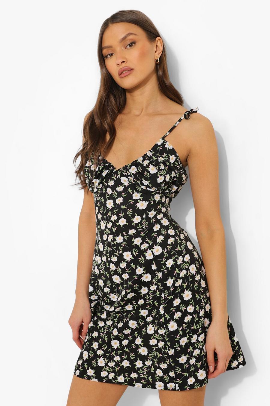 Black Ditsy Floral Rouche Detail Swing Dress image number 1