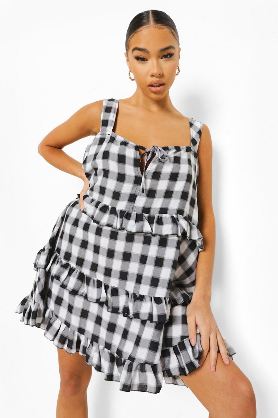 Black Flannel Print Tiered Swing Dress image number 1