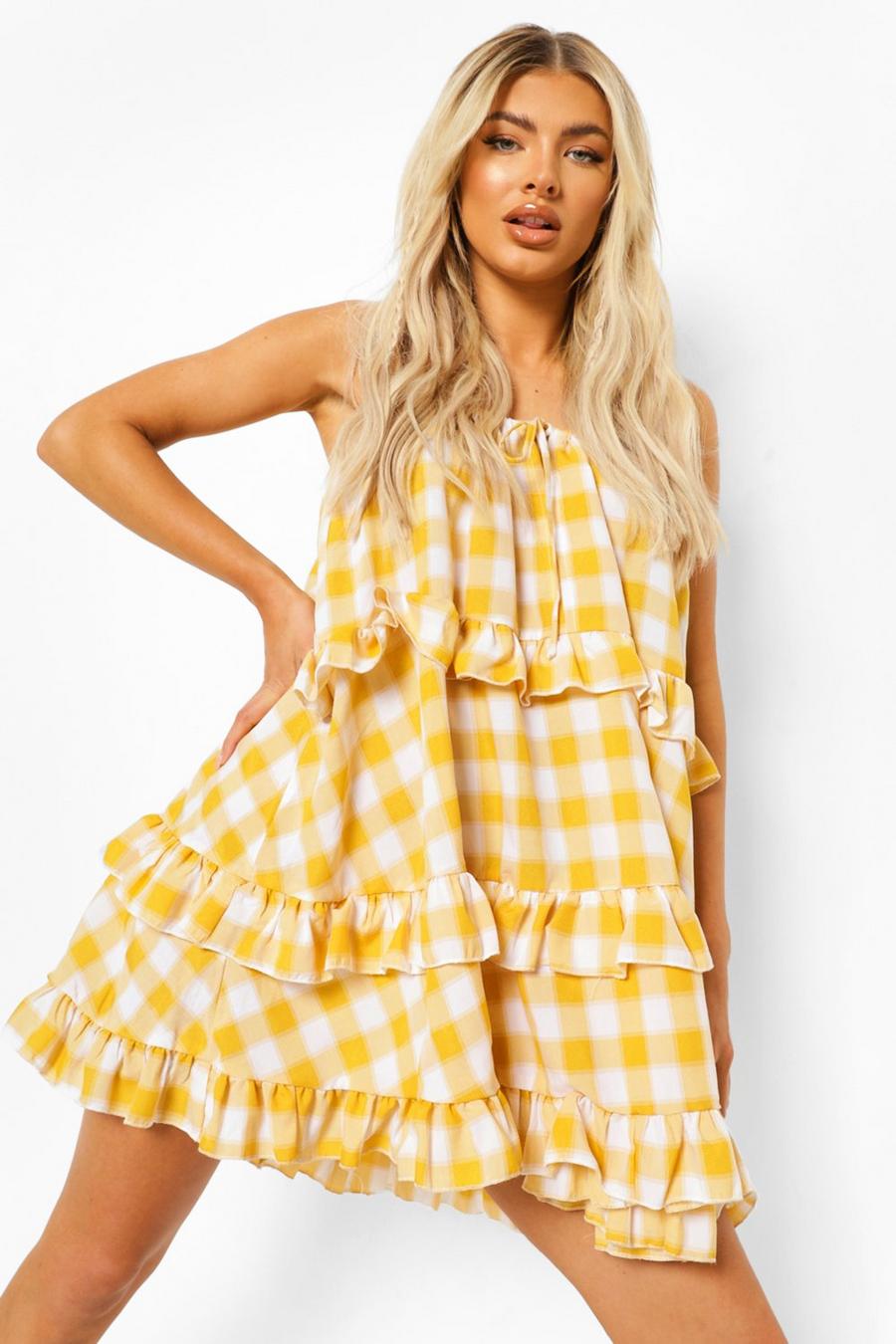 Yellow Check Print Tiered Swing Dress