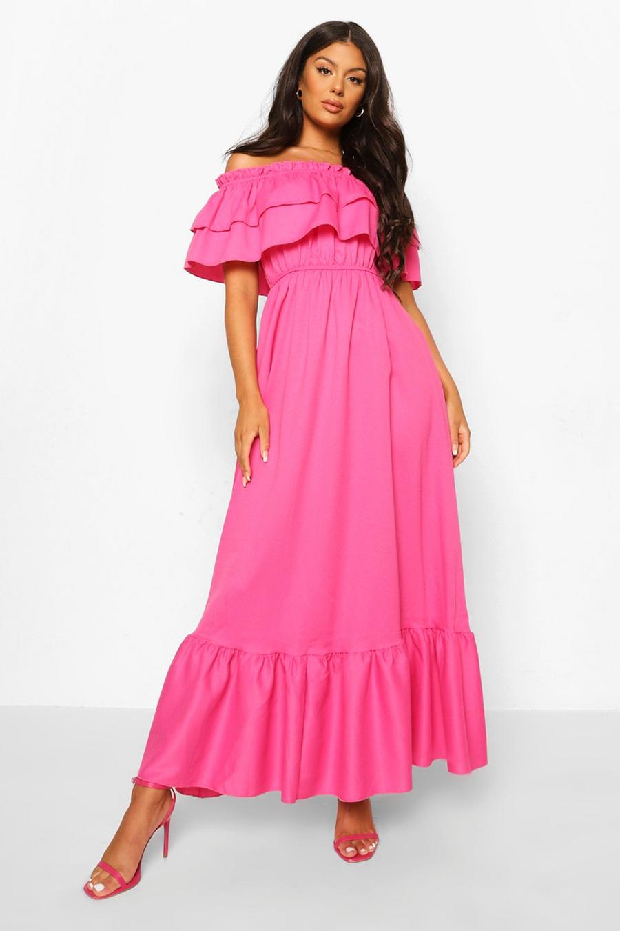 Hot pink Off shoulder-klänning med volanger image number 1