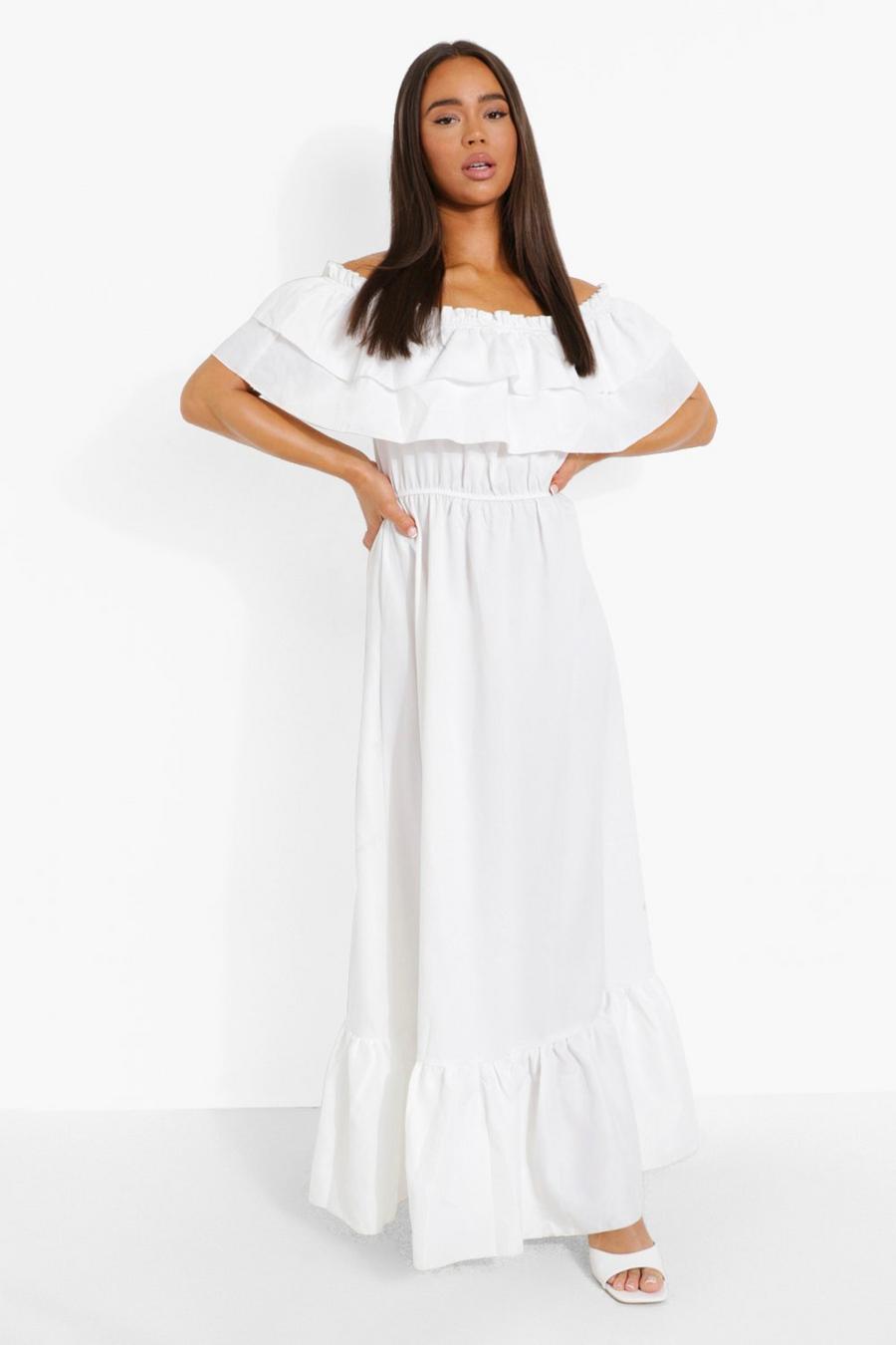White Ruffle Off The Shoulder Maxi Dress image number 1