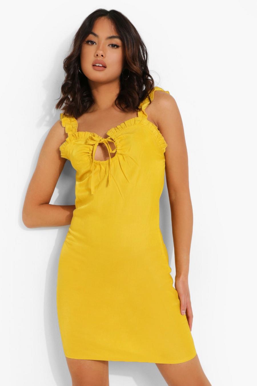 Yellow Ruffle Detail Gathered Swing Dress