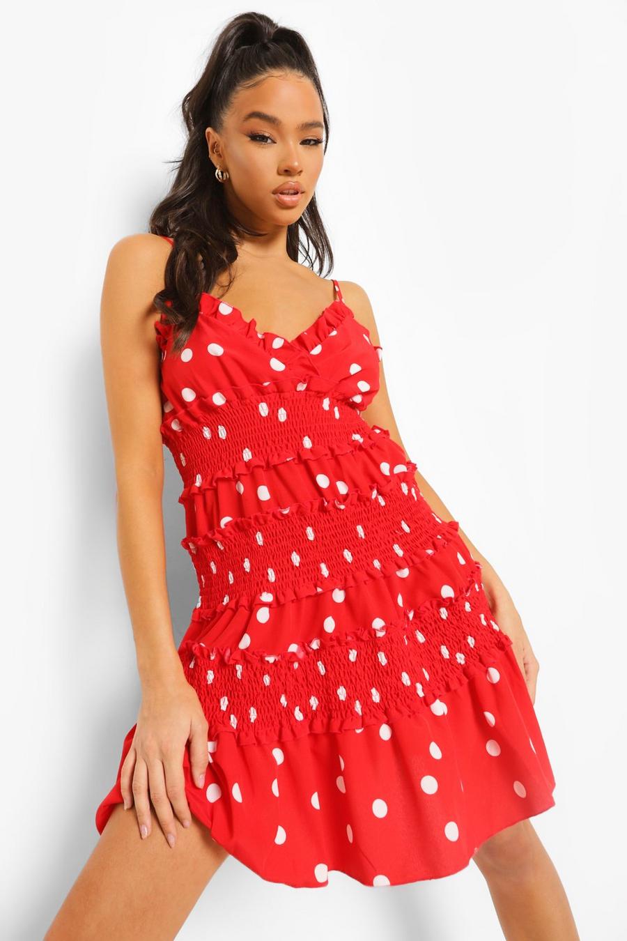 Red Polka Dot Shirred Swing Dress image number 1