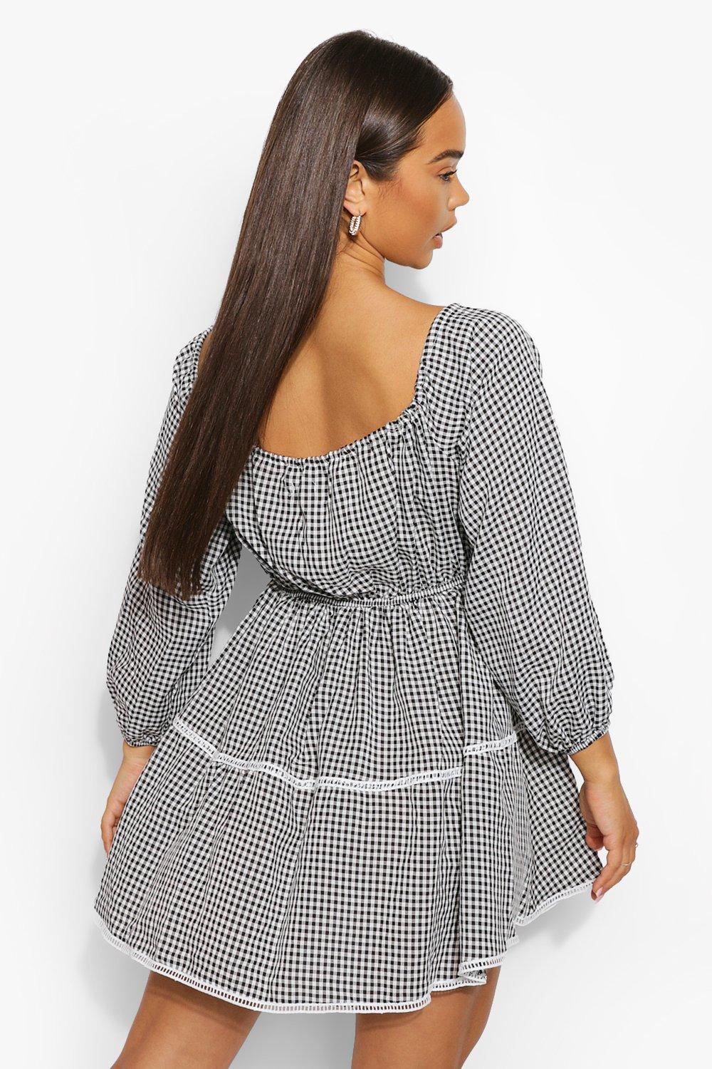 Black gingham tie shop waist tea dress